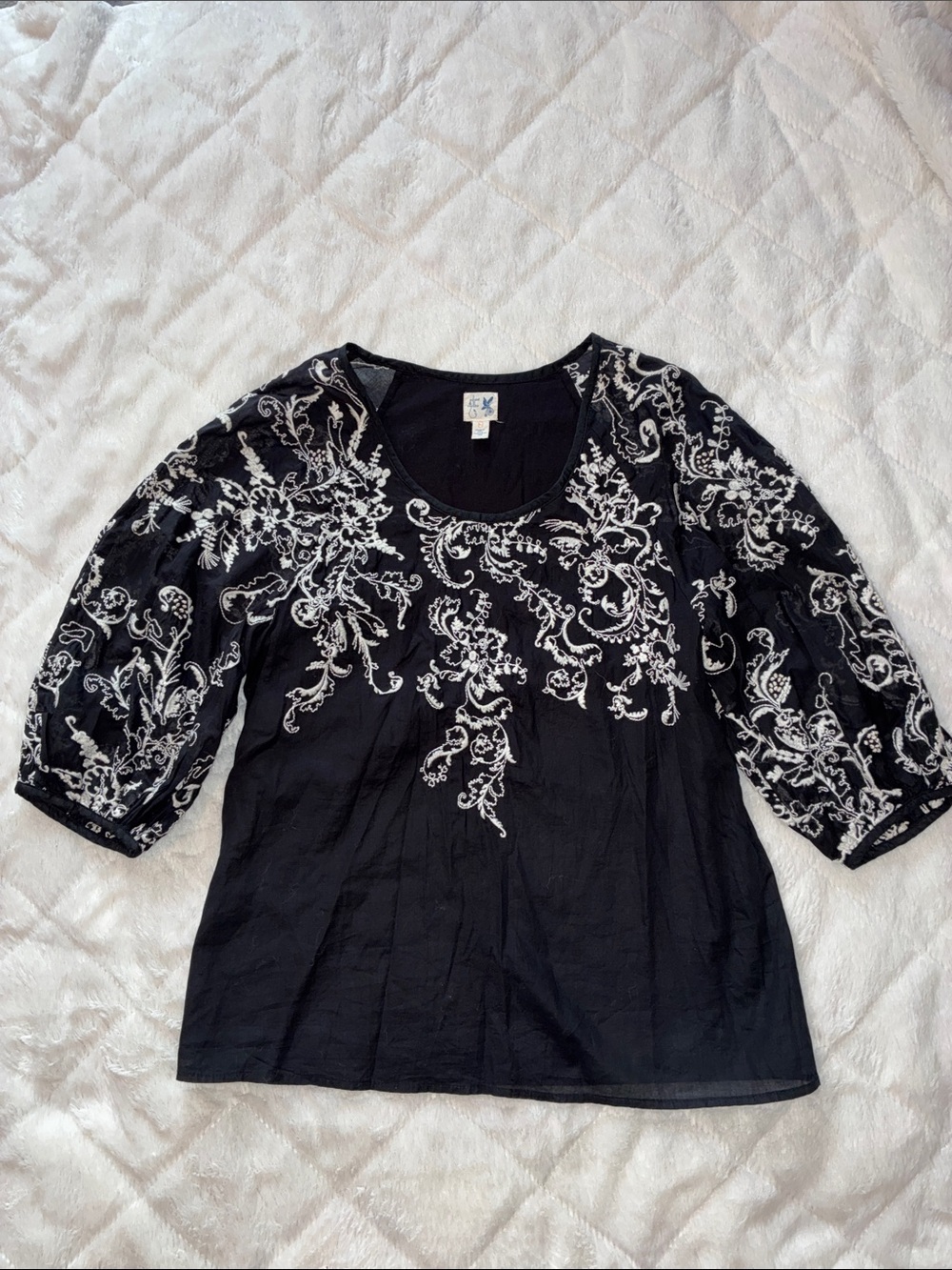 Black Embroidered Scoop Neck Women's Blouse